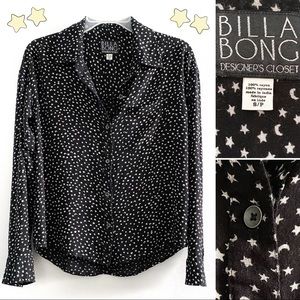 Billabong Designers Closet moon & stars celestial long sleeve rayon top, black